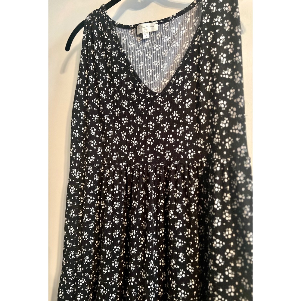 See You Monday Black Floral Maxi Tiered Boho Cottagecore V Neck Dress-L